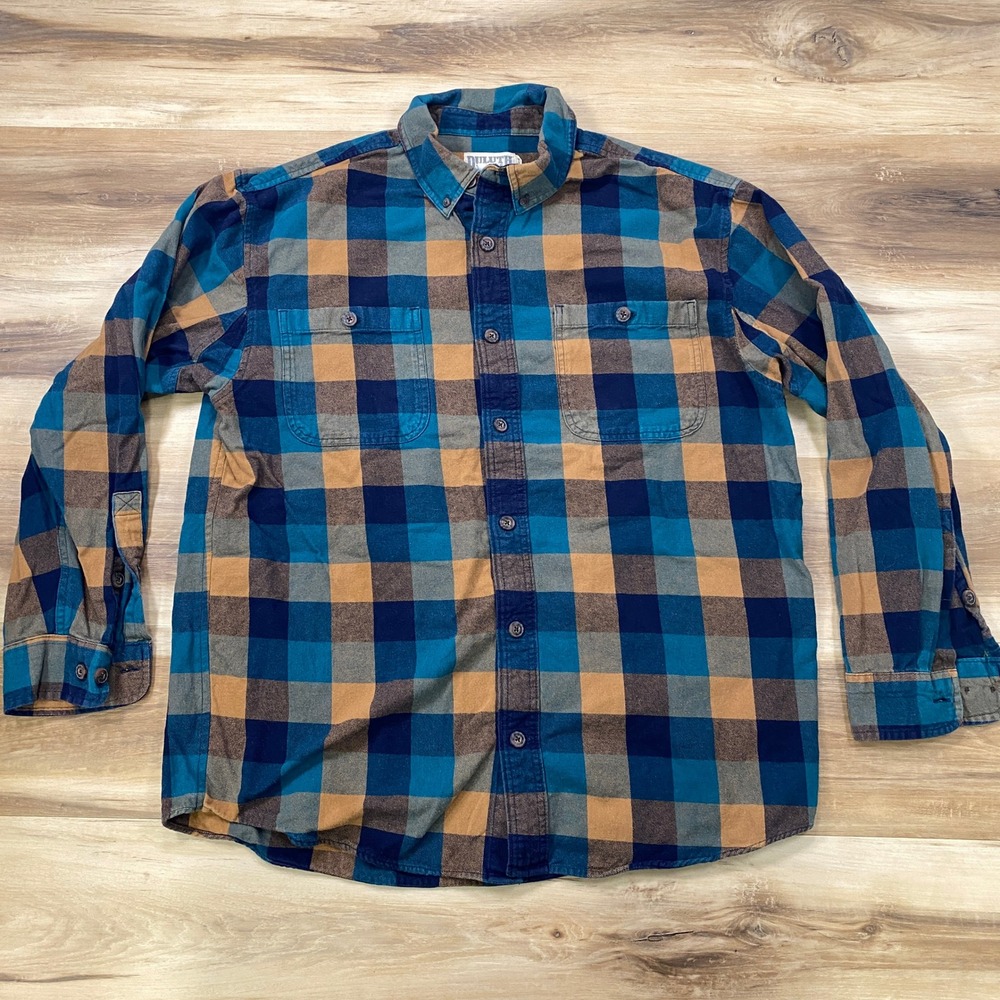 Duluth Trading Co Flannel Shirt Mens XL Plaid Cotton Relaxed Blue Tan Workwear - Picture 2 of 8